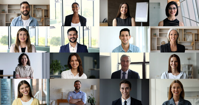 Head shot portrait lot of businesspeople, professionals, successful businessmen and businesswomen smile look at camera pose indoor. Success, achievement, collage of different age and ethnicity people