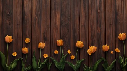 A rustic wooden backdrop adorned with bright yellow tulips, offering ample copy space for a spring greeting or birthday card.