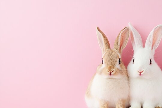 Two cute bunnies sitting on pink background