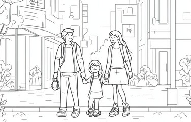 One-Line Drawing of Parents and Children Holding Hands