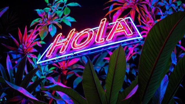 neon hola sign surrounded by tropical plants at night. vibrant colors and nightlife concept