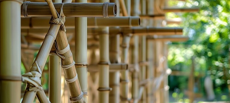 A close-up of an eco-friendly construction project using bamboo and other sustainable materials 