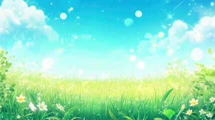 Obraz premium Green grass and a brilliant blue sky create a serene spring meadow, enhanced with light bokeh and ample space for text.