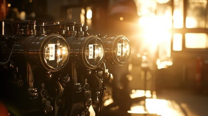 Triple Headlights Sunset Glow: A Close-Up of a Custom Motorcycle's Intricate Design