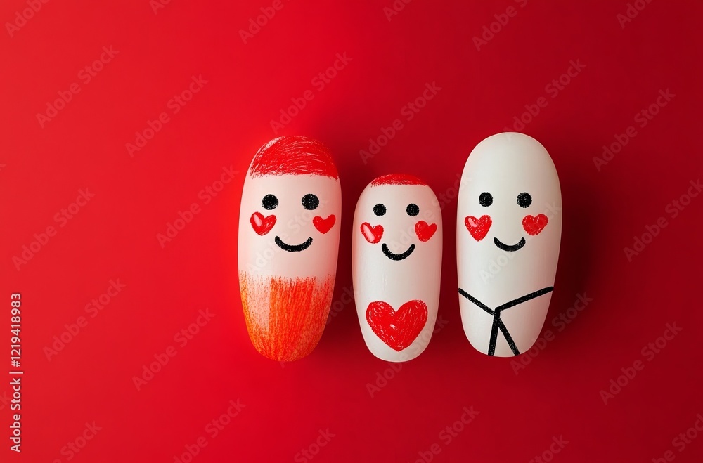 Wall mural Finger art with cute smiling faces and red hearts on the fingers, isolated over a red background. This concept represents a happy Valentine's Day couple in love or a romantic theme