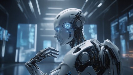 Fototapeta premium In a futuristic workspace bathed in cool blue and white tones, an advanced AI robot is interacting with a holographic interface. The robot's sleek metallic design reflects the surrounding light