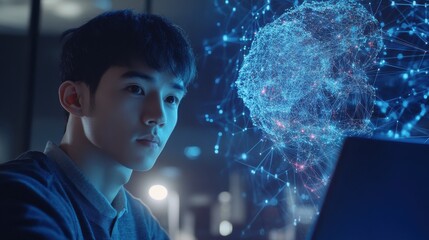 AI computer programmer on laptop with big data future technology background digital technology cloud computing data engineering global internet network