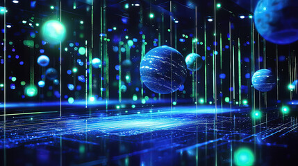 Holographic display of a solar system floating mid-air, glowing blue and green beams illuminating orbiting planets