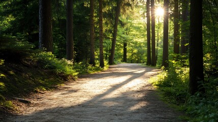 Fototapeta premium Sunlit Forest Path: A Serene Walk Through Nature's Embrace