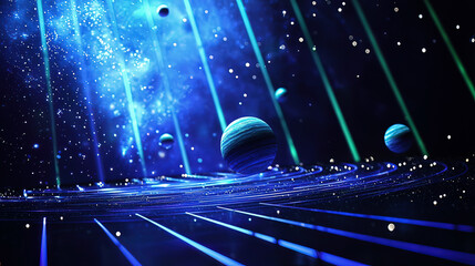 Holographic display of a solar system floating mid-air, glowing blue and green beams illuminating orbiting planets
