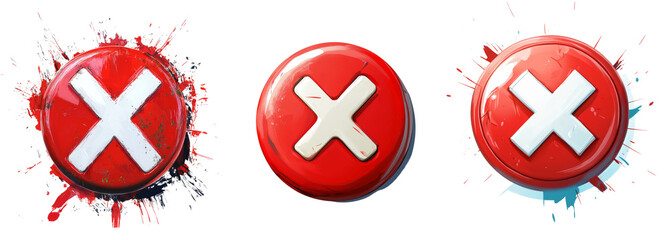 Obraz premium Three red glossy buttons feature a prominent white cross symbol each, set against a dynamic paint splash backdrop.