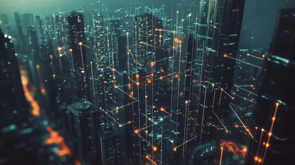 Fototapeta premium Smart digital Innovation city with connection network reciprocity over the twilight cityscape. of future smart wireless digital city and social media networking systems that connects people with city