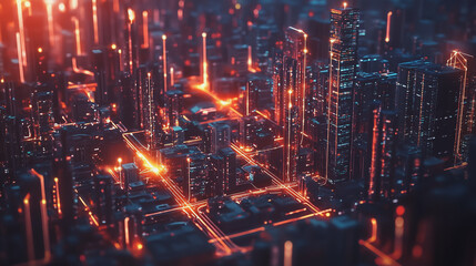 Obraz premium Smart digital Innovation city with connection network reciprocity over the twilight cityscape. of future smart wireless digital city and social media networking systems that connects people with city