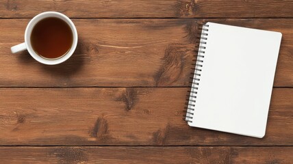 A cozy workspace featuring a cup of tea and a blank notebook on a wooden table, inviting creativity and inspiration.