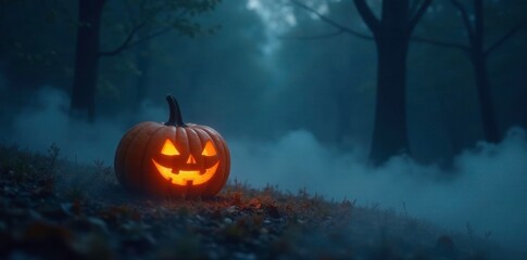 Fototapeta premium In the dead of night, a lone pumpkin glows softly in a sea of dark, swirling fog, magical, dark, mysterious