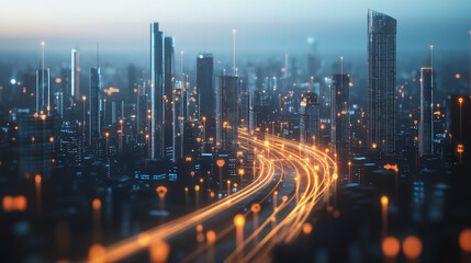 Smart digital Innovation city with connection network reciprocity over the twilight cityscape. of future smart wireless digital city and social media networking systems that connects people with city
