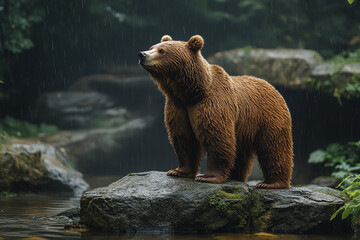 Obraz premium Brown Bear Standing on Rock in Rain