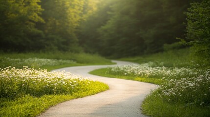 Obraz premium Winding path through serene forest adorned with blooming wildflo