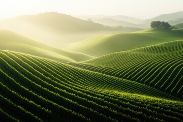 Fototapeta premium Lush rolling hills adorned with vibrant green fields, bathed in