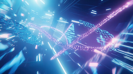Fototapeta premium Holographic interface showing a DNA strand floating in mid-air, glowing beams of light, sharp blue and purple accents