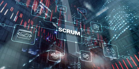 SCRUM. Development methodology, programming and application design technology concept on city background
