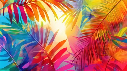 Obraz premium Vibrant palm leaves with bold colors blend with sunlit skies, set against a white background, evoking a tropical vacation vibe.