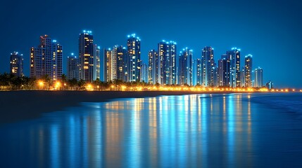 Fototapeta premium Night City Skyline Illuminates Coastal Beachfront