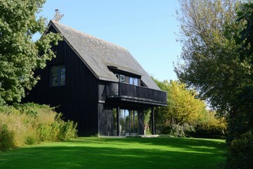 Fototapeta premium Modern black wooden house nestled in lush greenery on a sunny day showcasing architecture and tranquility in a serene environment