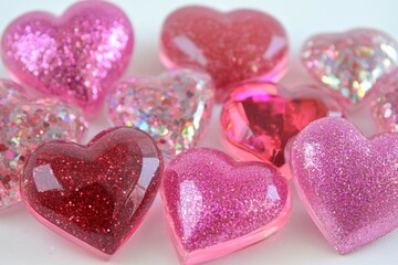 Obraz premium Heart-shaped decorations in various shades of pink and red arranged on a light background, perfect for a festive occasion or celebration