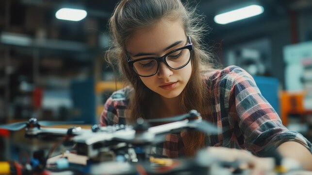 High school girl assembling a drone propeller during a shop class. - Powered by Adobe