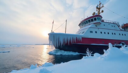 Naklejka premium In the stillness of winter on Baikal Lake a ferry boats hull is adorned with icicles, ship, snow, icy