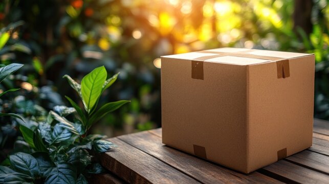 Cardboard box on wooden table with green nature background.