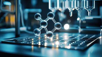 Holographic interface showing a rotating molecular structure, glowing light beams illuminating intricate atoms, futuristic lab