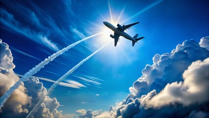 Naklejka premium Silhouette of Airplane Flying Through 2025 Cloud Formation, Blue Sky, Contrail