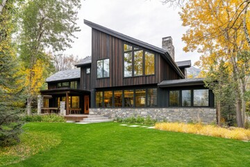 Modern architectural design of a home surrounded by trees and autumn foliage in a serene location, showcasing large windows and a beautiful lawn