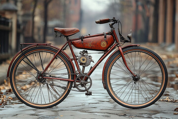 Fototapeta premium Antique Motorized Bicycle Stands on Wet Pavement