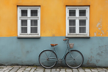 Bicycle Leaned Against Building With Two Windows