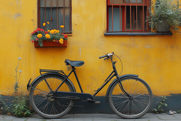 Fototapeta premium Vintage Bicycle Leaned Against Yellow Building With Flowers