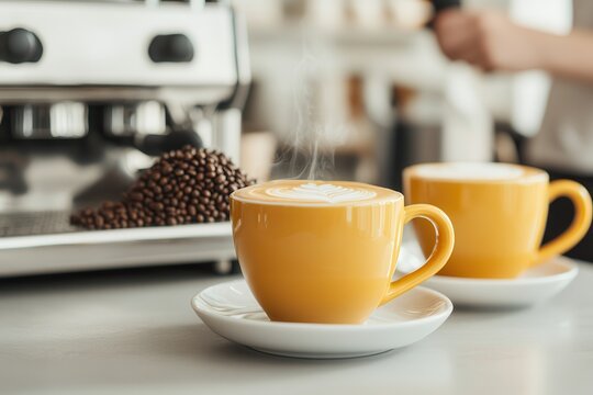 Coffee culture: The perfect grind by a barista. Two yellow coffee cups with steam near espresso machine and coffee beans.