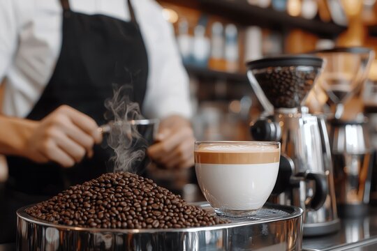 Coffee culture: The perfect grind by a barista. Barista preparing coffee with beans and steaming cup in a caf&eacute; setting.