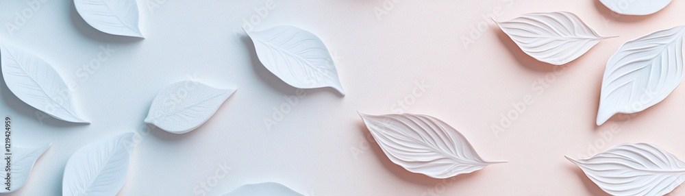 Poster soft monochromatic tones create a minimalist pattern of overlapping leaf shapes on a pastel backgrou
