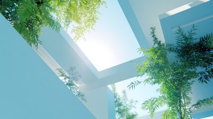Obraz premium Serene Modern Architecture: Sunlight Drenched Atrium with Lush Greenery