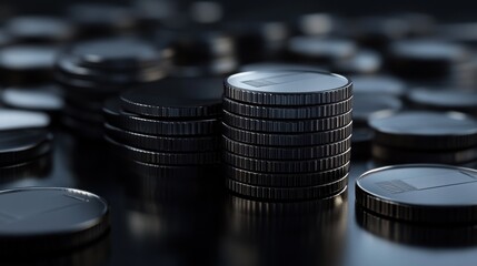 Cashback loyalty programm concept with metal coins bound for a stack of black credit cards on abstract dark surface. 3D rendering
