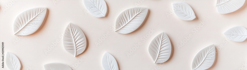 Poster overlapping leaf shapes create a subtle texture against a clean pastel backdrop, offering a modern a