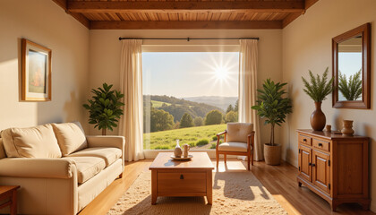Bright sunny living room with scenic outdoor view, warmth and tranquility