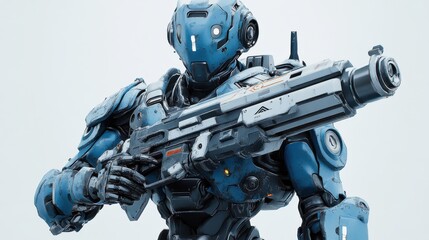 Naklejka premium A blue and grey robotic mech with a large gun on its right arm, standing against a white background.
