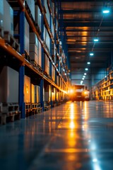 Fototapeta premium Retail warehouse, distribution center, full of shelves with goods and products in boxes and cartons, with pallets and forklifts. Background Logistics and transportation.
