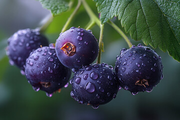 Dew Covered Black Currants Hanging On A Branch