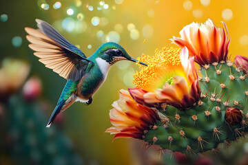 Obraz premium Hummingbird bird hangs in the air above a cactus flower, drinks nectar, pollinates. Generative AI
