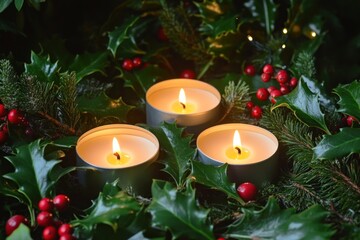 Lit tealight candles surrounded by holly leaves and berries